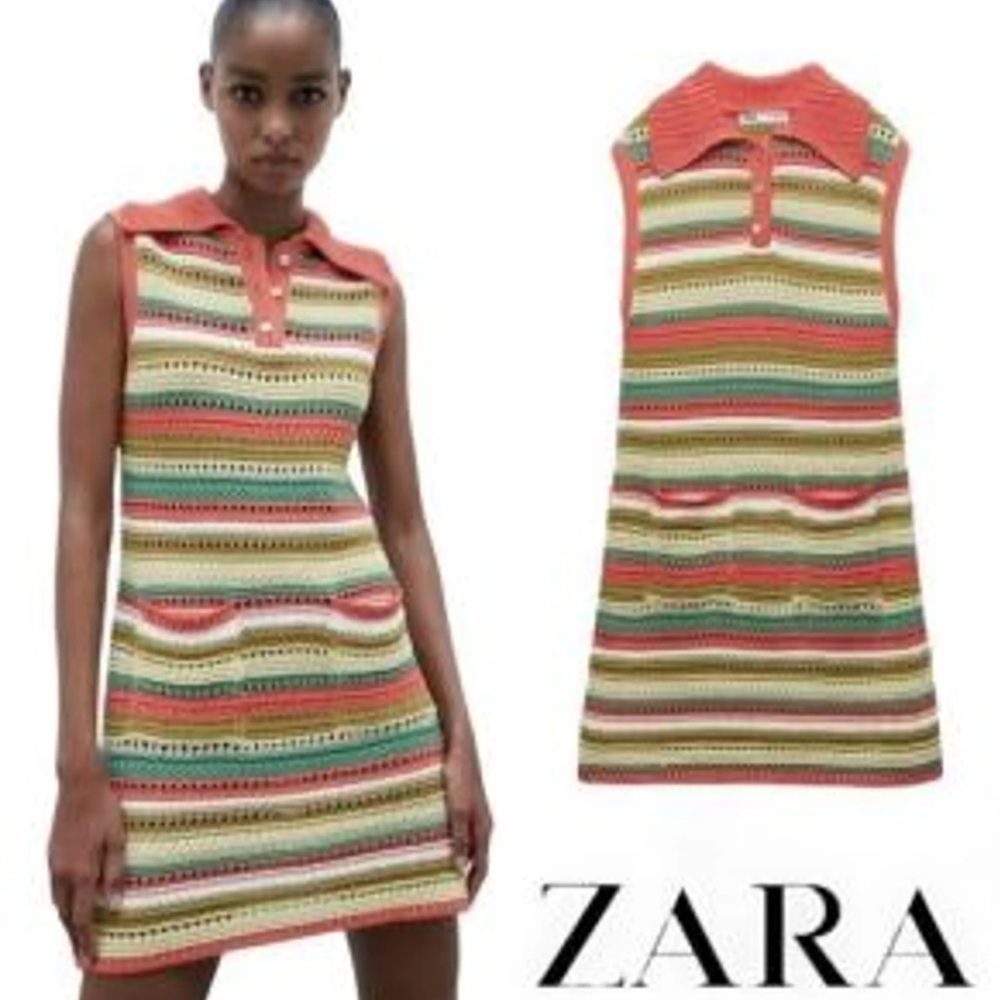 Zara Women's Collared Crochet Colorful Knit Mini Dress w/front pockets Size M